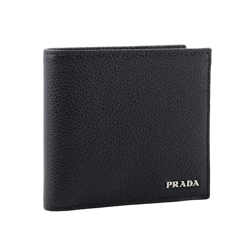 PRADA 銀字Logo 粒紋牛皮對開8卡短夾/黑色, , large