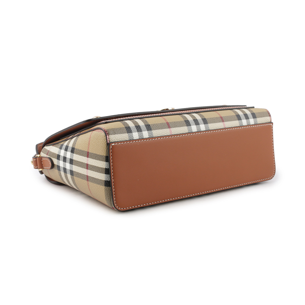 BURBERRY Note Vintage 格紋拼皮革翻蓋斜背包/ 石楠木棕色, , large