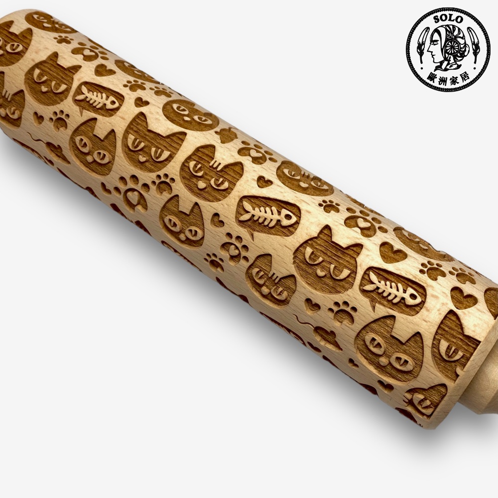 【SOLO Vintage】Big Head Cat Rolling Pin 43CM Embossed Natural European Wood Made in Poland, , large