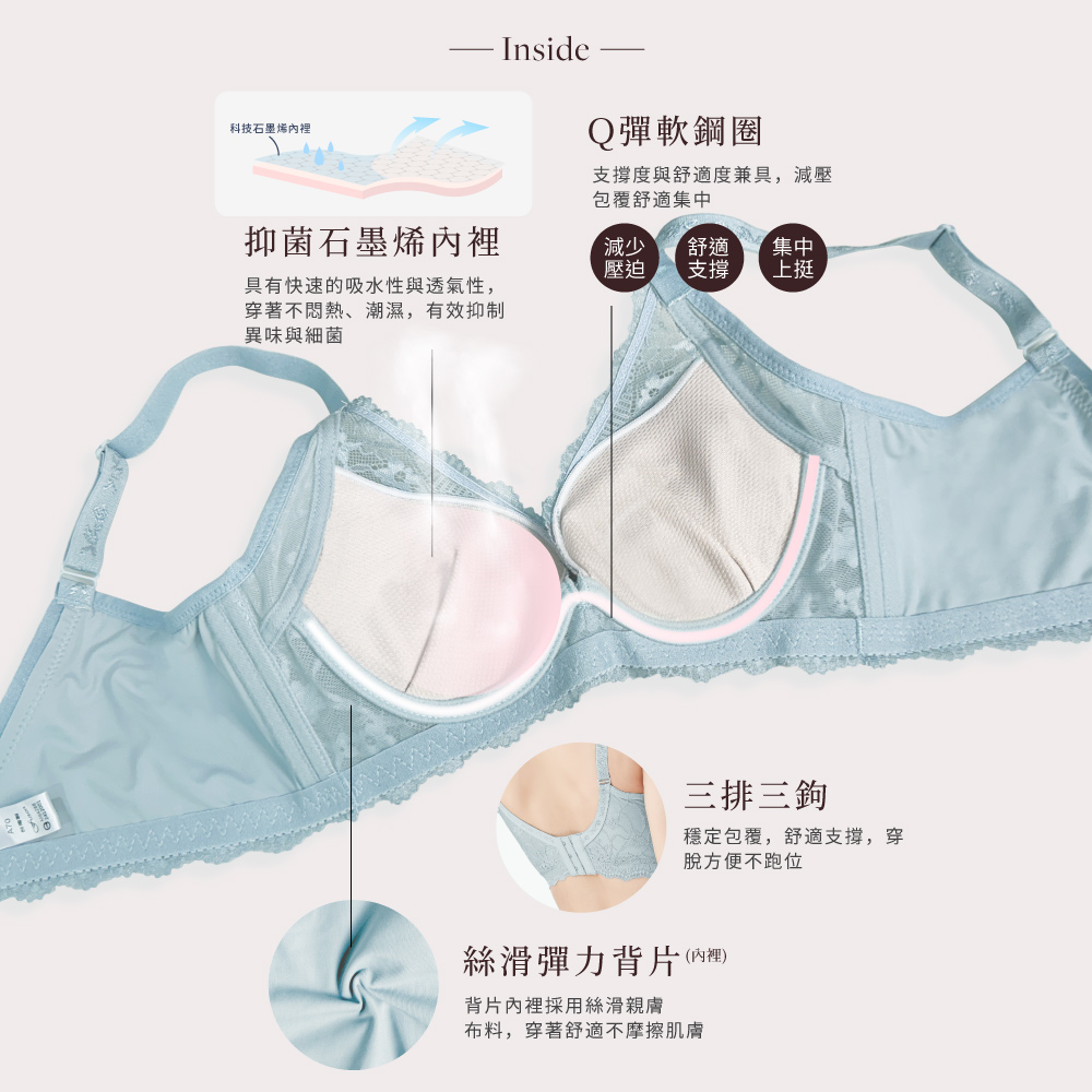 【Clany可蘭霓 】台灣製 法蕾柔波 抑菌石墨烯軟鋼圈ABC水美人蕾絲內衣 8066-81 綠, , large