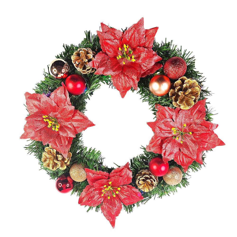 摩達客14吋浪漫朵朵聖誕花豪華綠色聖誕花圈福臨圈_紅金系_台灣工藝免組裝_本島免運費, , large