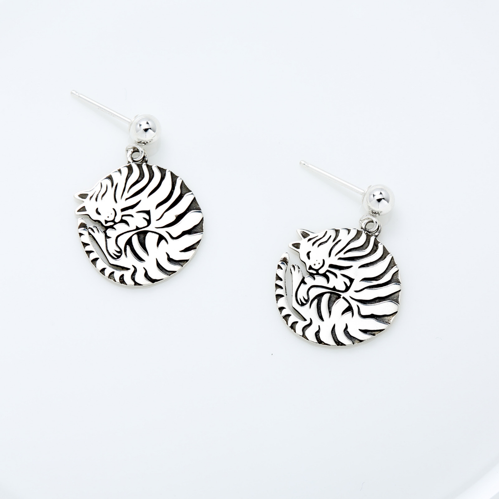 【Angel & Me】虎斑貓 貓 貓咪 一對 s925 純銀 耳環 耳夾 情人節 聖誕節 禮物, , large