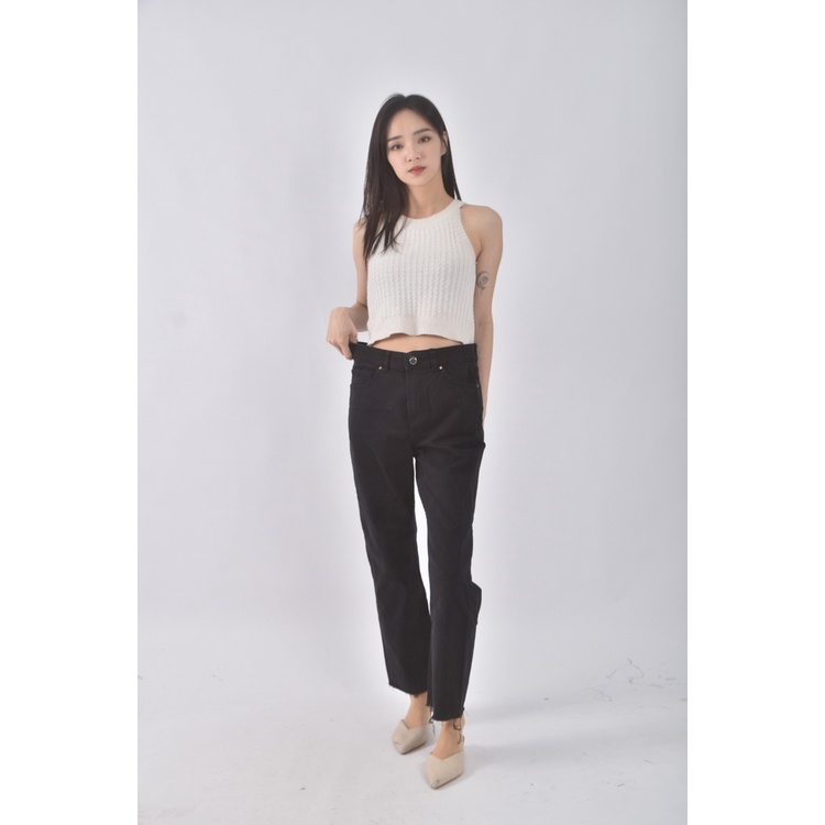 (M) net高腰丹寧牛仔抽鬚黑色長褲二手衣, , large