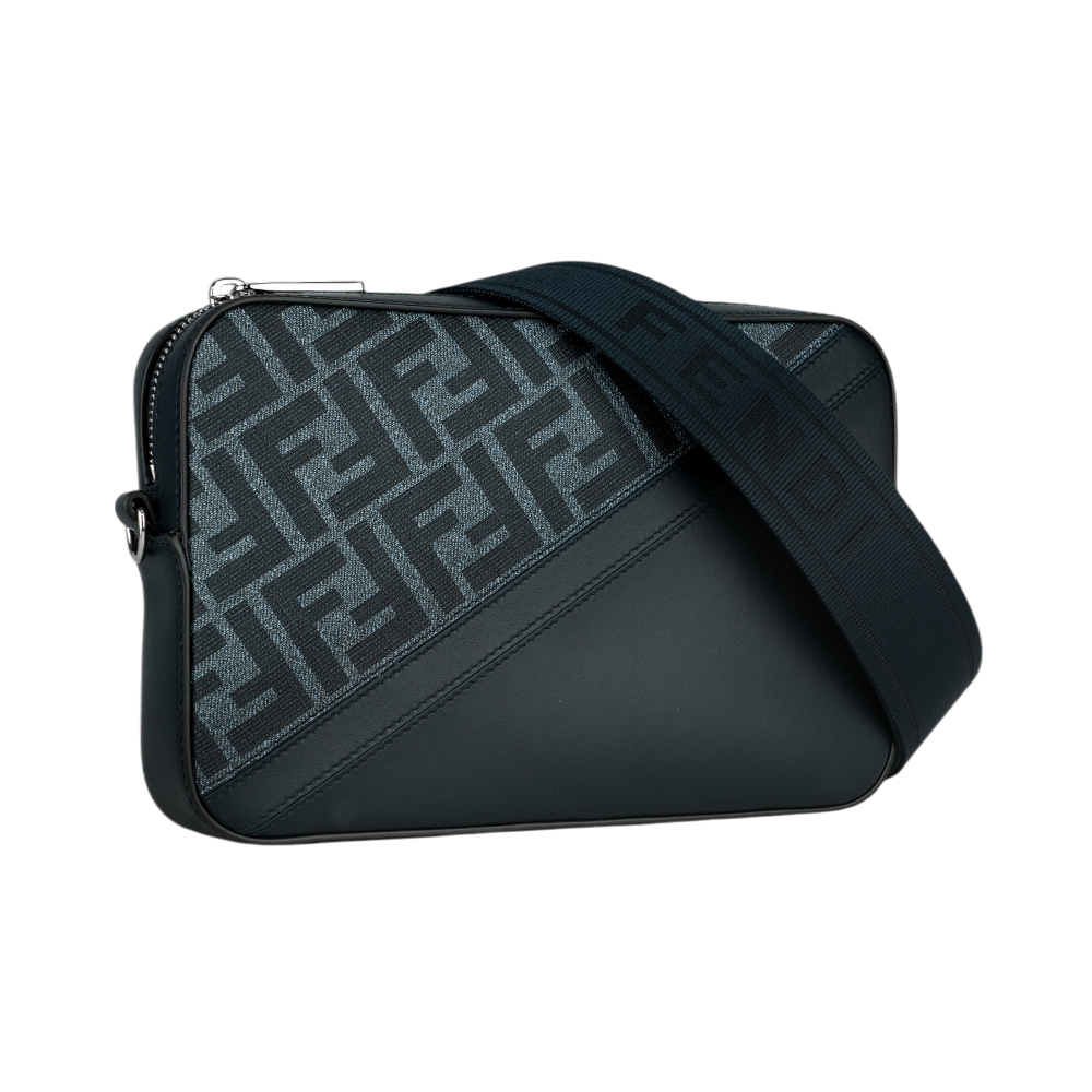 FENDI FF Logo 帆布拼牛皮相機斜背包/牛仔藍, , large