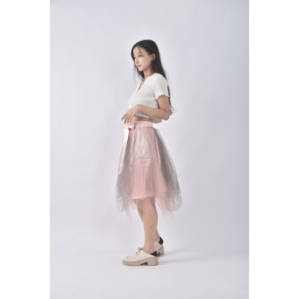 (S) 質感撞色芭蕾風粉色綁帶短裙二手衣, , large