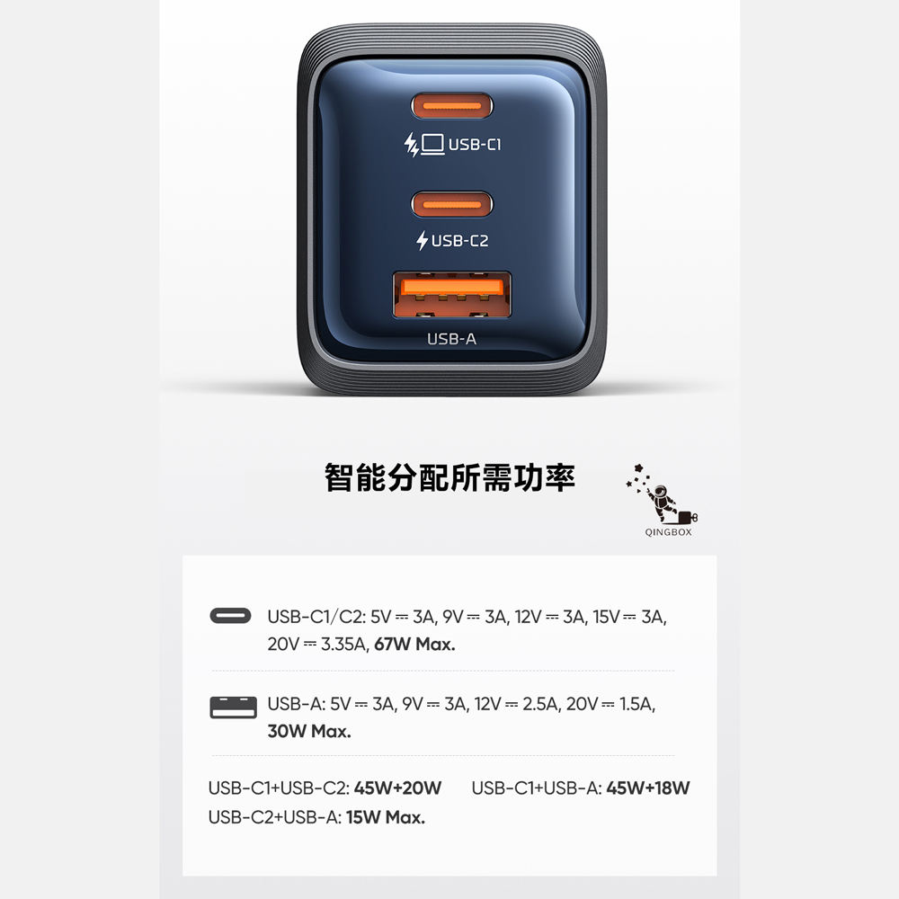 Mcdodo麥多多 LQ CH098 Gana系列三口mini氮化鎵充電器67W 2C1A 美規 黑色, , large