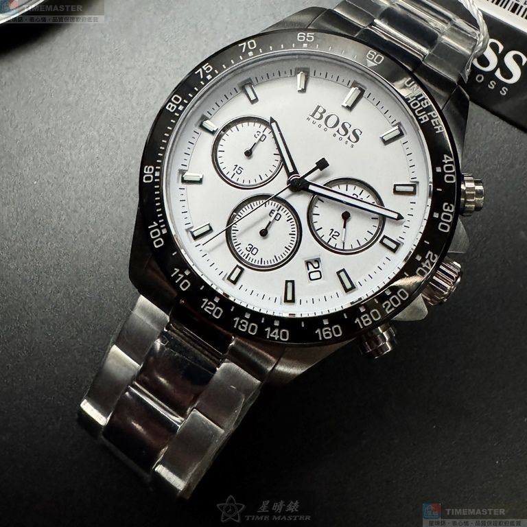 [星晴錶業]BOSS手錶,44mm,HB1513875白色錶面銀錶殼銀色精鋼錶帶款, , large