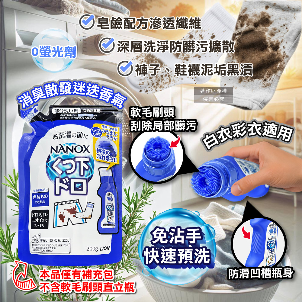 [日日好物]日本LION獅王-NANOX軟毛刷頭褲子鞋襪消臭除泥漬清潔劑補充包200g/深藍袋(免沾手局部重點洗髒污,衣物芳香去味洗滌,白衣彩衣迷迭香預潔劑), , large