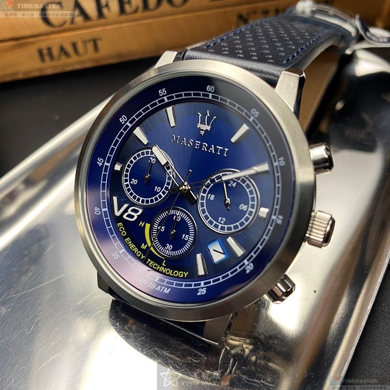 [星晴錶業]MASERATI手錶,44mm,R8871134002寶藍色錶面銀錶殼寶藍真皮皮革錶帶款, , large