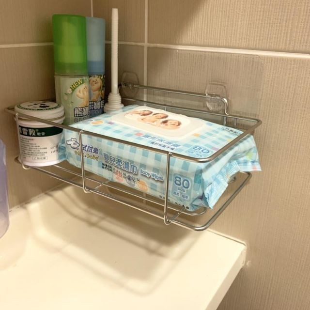 [熊好貼國際]中型多功能置物架(304不鏽鋼)洗衣粉架 洗衣精 無痕掛勾  凹凸 紋路光滑牆面皆可貼(選超黏)掛鉤, , large