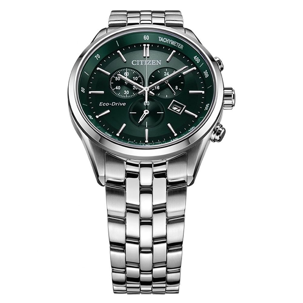 CITIZEN 星辰 光動能復古風計時手錶-銀x紳士綠 AT2149-85X, , large