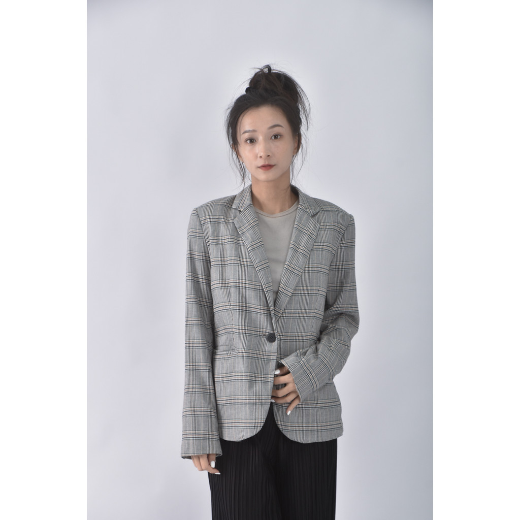 (S) zara西裝墊肩格紋黑色外套二手衣, , large