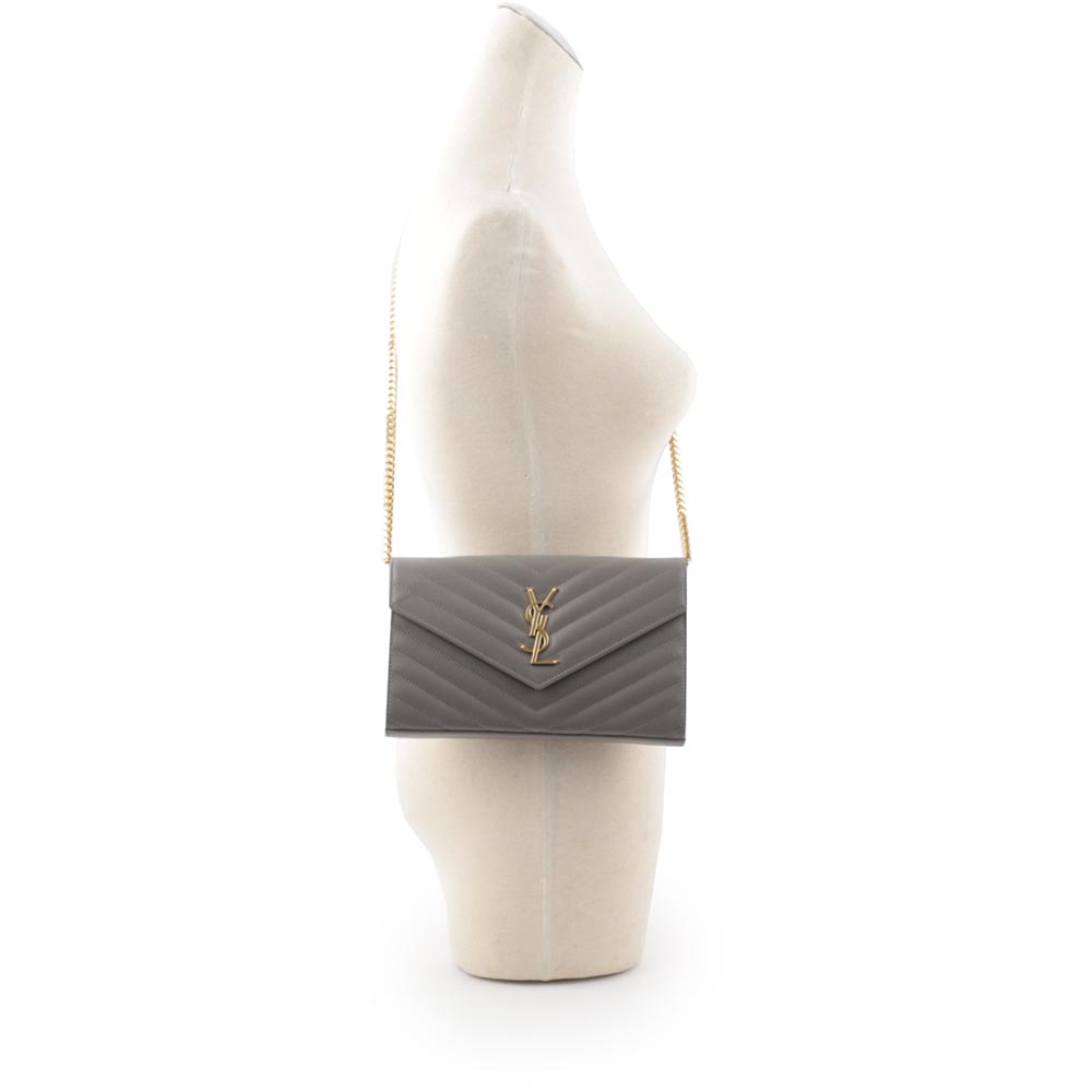YSL V紋荔枝皮金色LOGO WOC 斜背包/霧灰色, , large