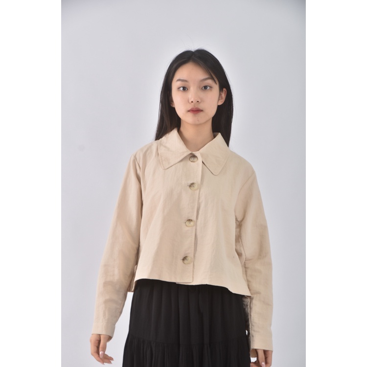 (S) stitch snap韓牌質感杏色長袖上衣二手衣, , large