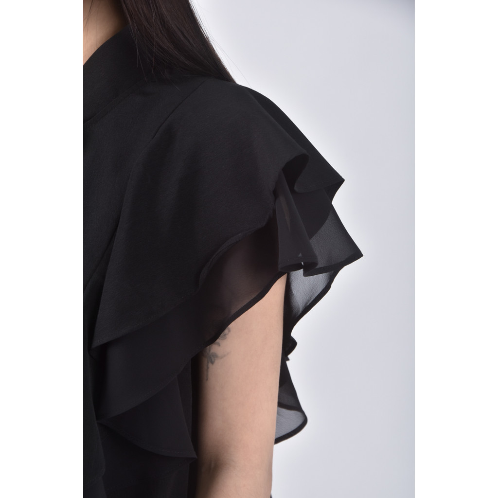 (M) le polka質感綁帶黑色短袖上衣二手衣, , large