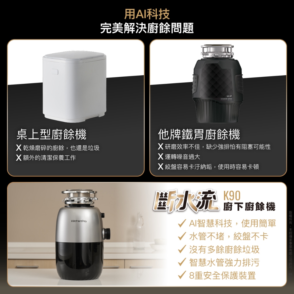 【麗水生活】廚事寶 KitchenPro 斷水流 K90 廚下廚餘機 AI處理 廚餘處理機 廚餘大師 AI廚餘機, , large