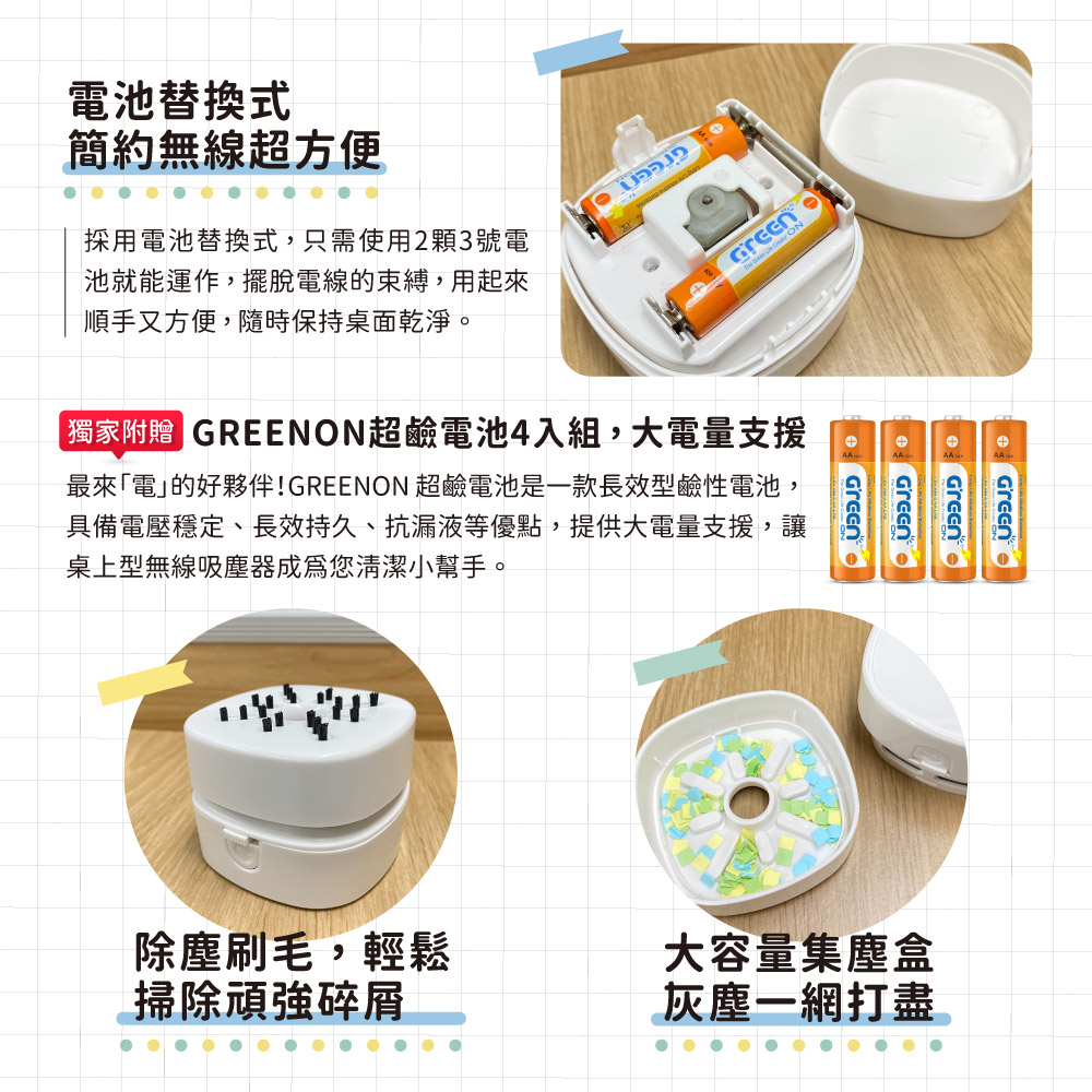 【GREENON】桌上型無線吸塵器(電池版) 贈超鹼電池4入組), , large