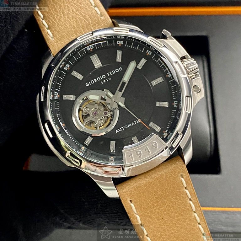 [星晴錶業]GiorgioFedon1919手錶,46mm,GF00121黑色雙面機械鏤空錶面銀錶殼咖啡色真皮皮革錶帶款, , large