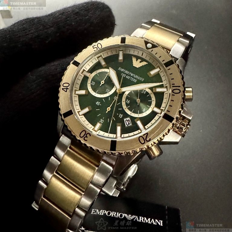 [星晴錶業]ARMANI手錶,44mm,AR00080墨綠色錶面金色錶殼金銀相間精鋼錶帶款, , large