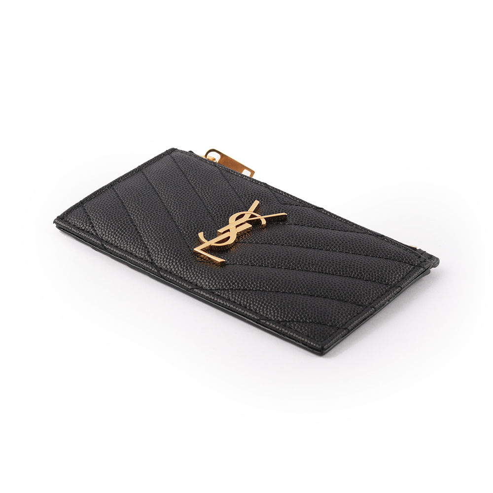 YSL 山形紋荔枝皮金字Logo拉鍊卡片/零錢夾/黑色, , large