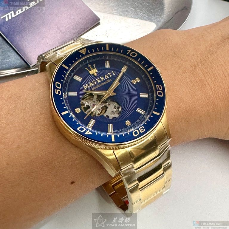 [星晴錶業]MASERATI手錶,44mm,R8823140004寶藍色錶面金色錶殼金色精鋼錶帶款, , large
