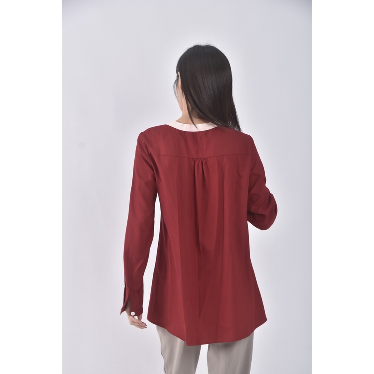 (S) 南島風質感跳色領口紅色長袖上衣二手衣, , large