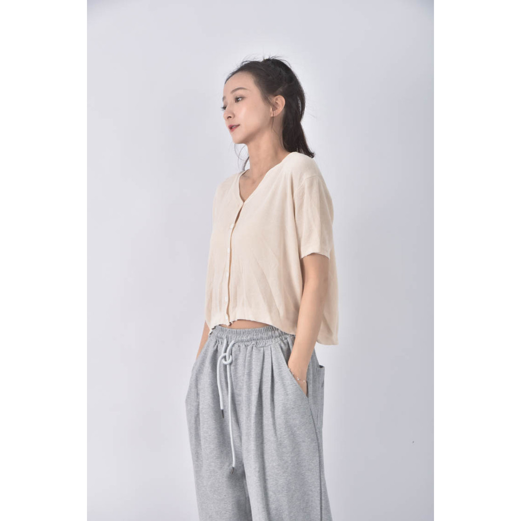 (XL) 排扣杏色短袖上衣二手衣, , large