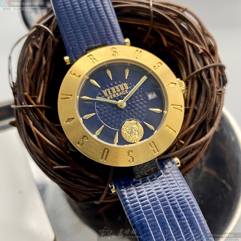 [星晴錶業]VERSUS VERSACE手錶,34mm,VV00335寶藍色錶面金色錶殼寶藍真皮皮革錶帶款, , large