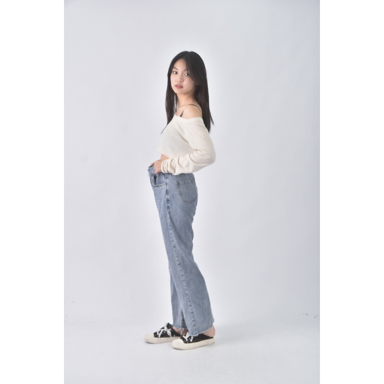 (L) bear two高腰丹寧牛仔不修邊藍色長褲二手衣, , large