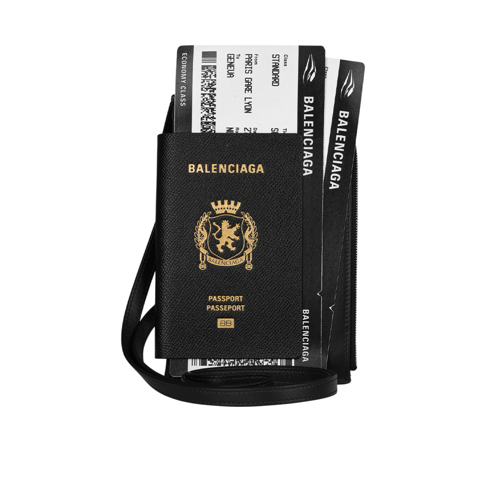BALENCIAGA 護照及雙機票造型掛脖式拉鍊卡包/手機包/黑色, , large