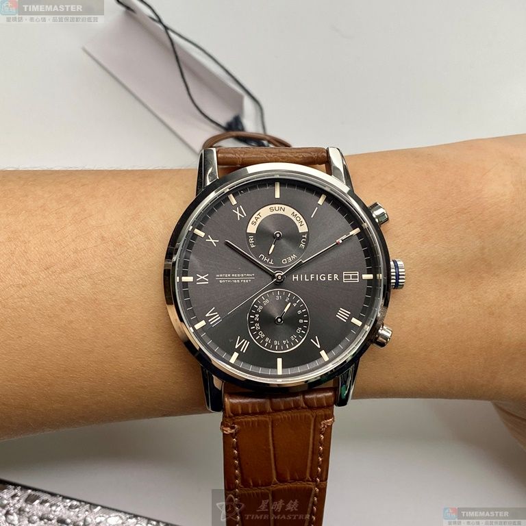 [星晴錶業]TommyHilfiger手錶,44mm,TH00018黑色錶面銀錶殼咖啡色真皮皮革錶帶款, , large