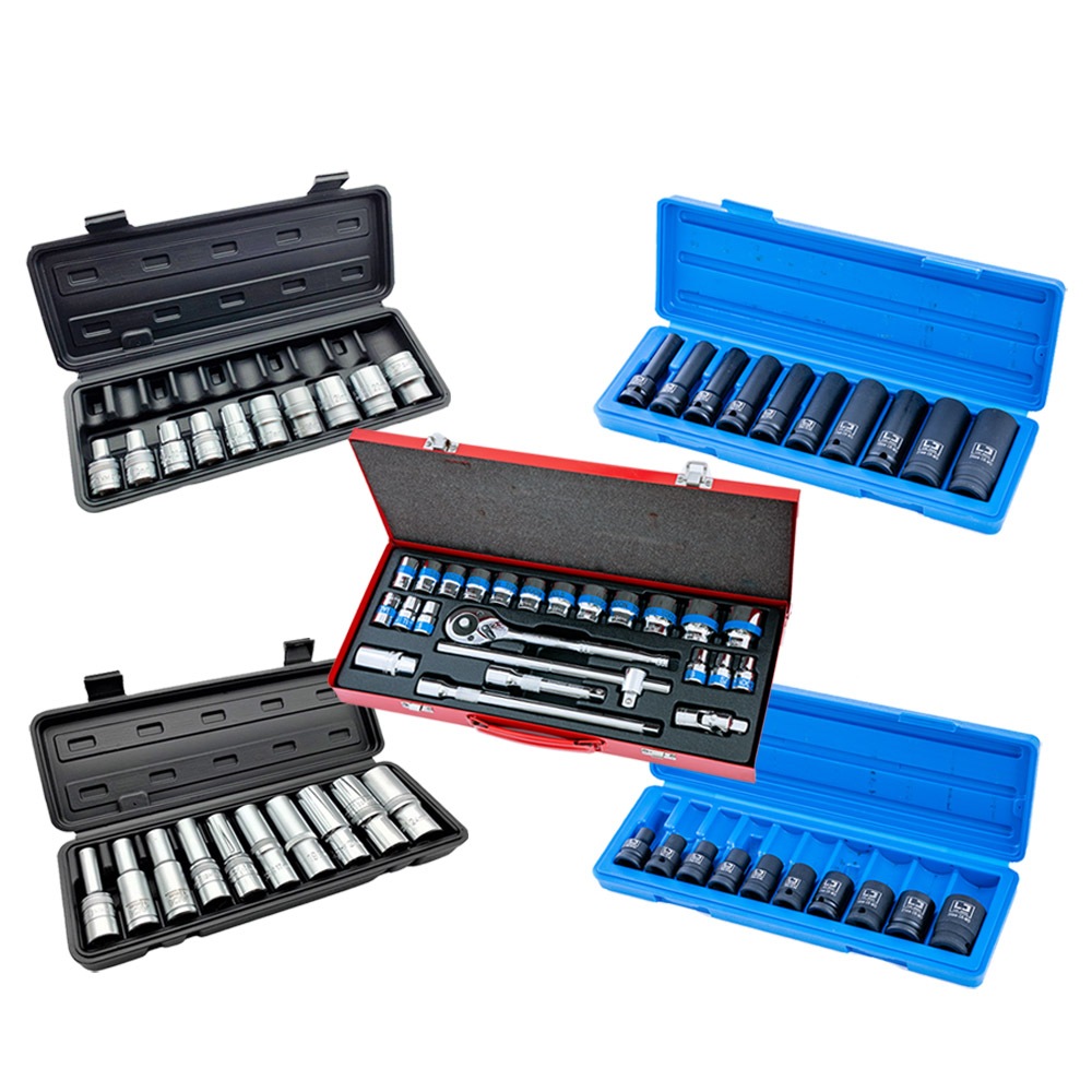 四分套筒組 (手動/氣動 3分/4分) 鉻釩鋼 長短套筒 六角凸 黑長 黑短, , large