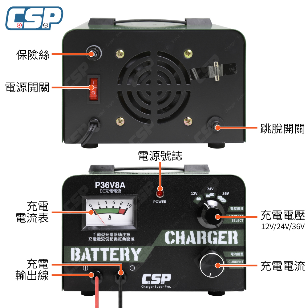 CSP P3608 36V8A Car Charger Old Car Repair 12V Lead-acid Battery Overload Protection Reverse Protection Battery Specific Gravity Recovery Locomotive Charging 24V 36V, , large