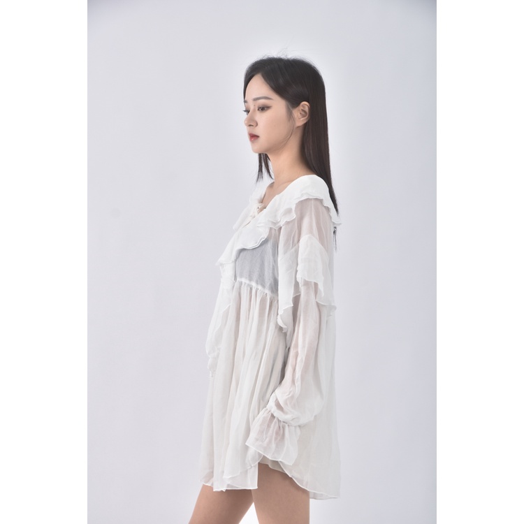 (L) 質感荷葉邊白色罩衫二手衣, , large