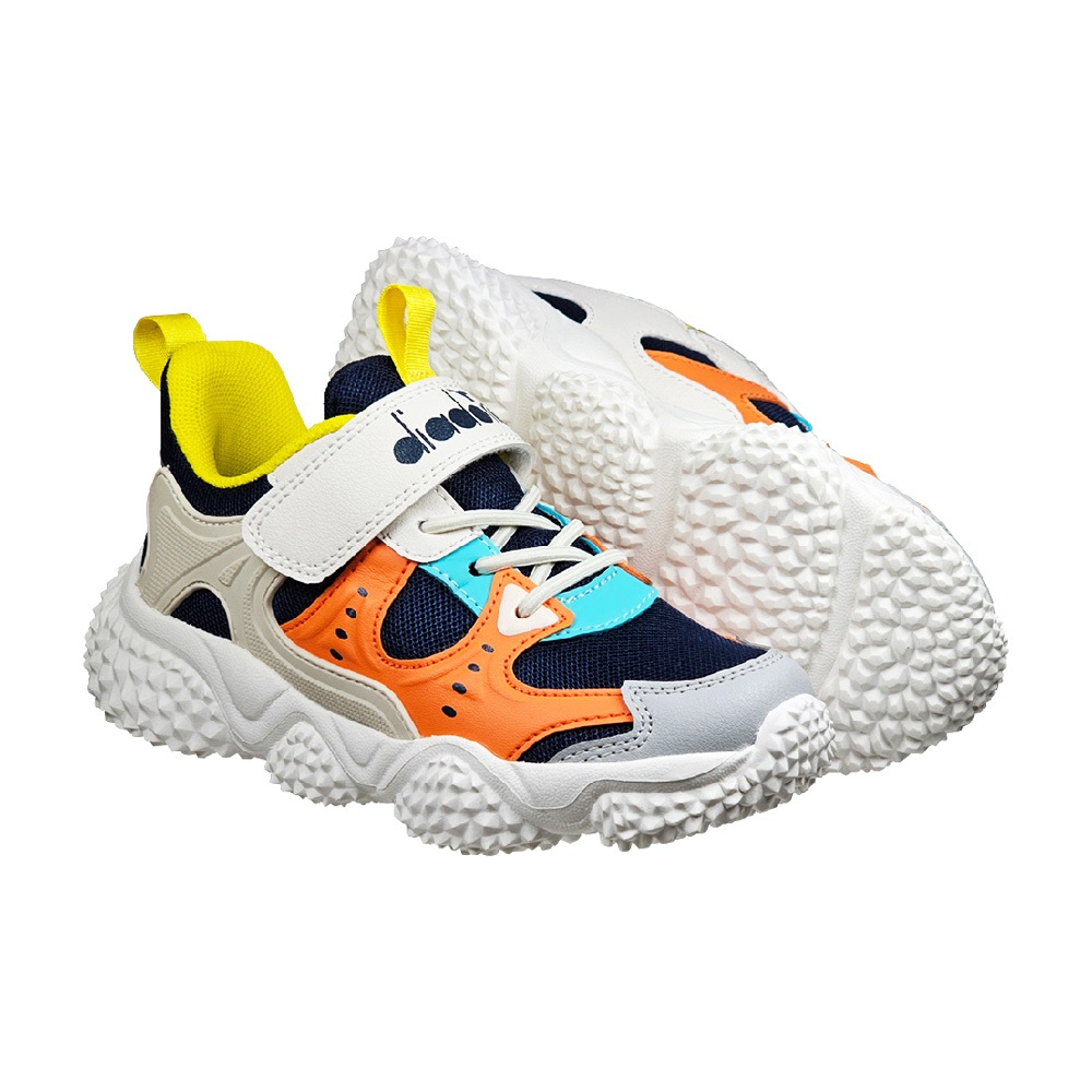 DIADORA迪亞多那 小河豚兒童運動鞋 童運動鞋 童鞋 寬楦 輕量 保護後跟 抗菌 除臭 吸震 緩衝 黑藍桔 藍灰黃, , large