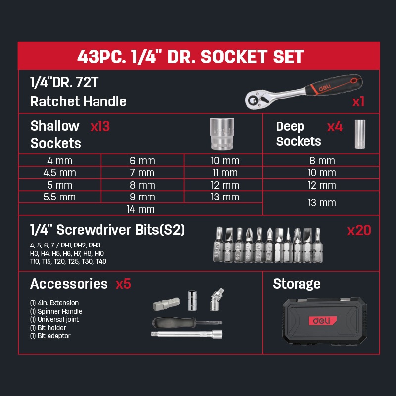【deli tools】1/4 inch Socket Wrench Set 43PCS, , large