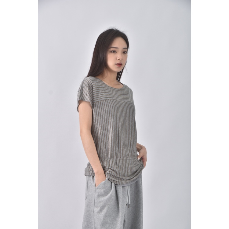 (S) michel klein質感亞麻條紋灰色短袖上衣二手衣, , large