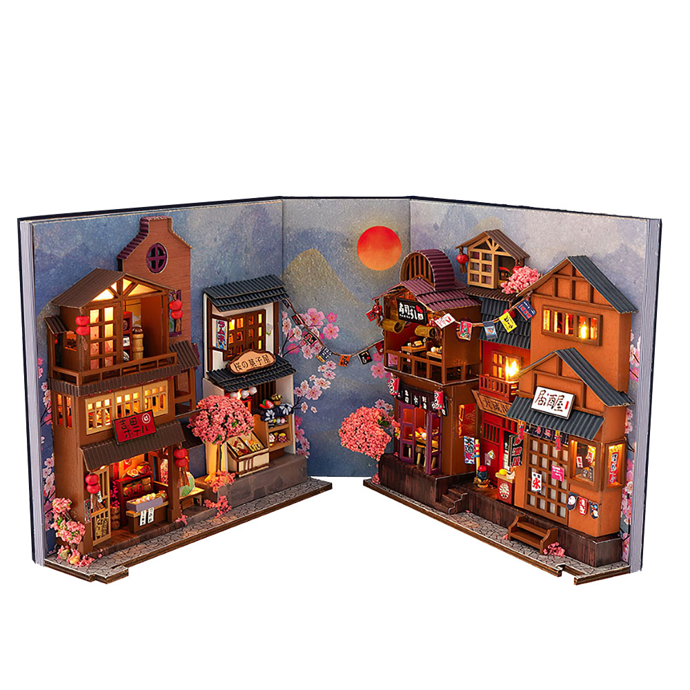 【上手家居】DIY書立袖珍屋 櫻花小巷(模型屋/娃娃屋/3d立體拼圖/diy材料包), , large