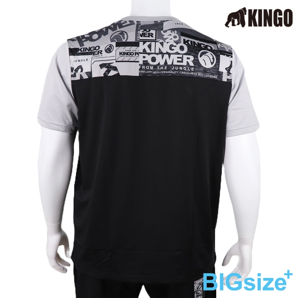 KINGO-大尺碼-拼接 排汗 圓領T-黑-413625, , large