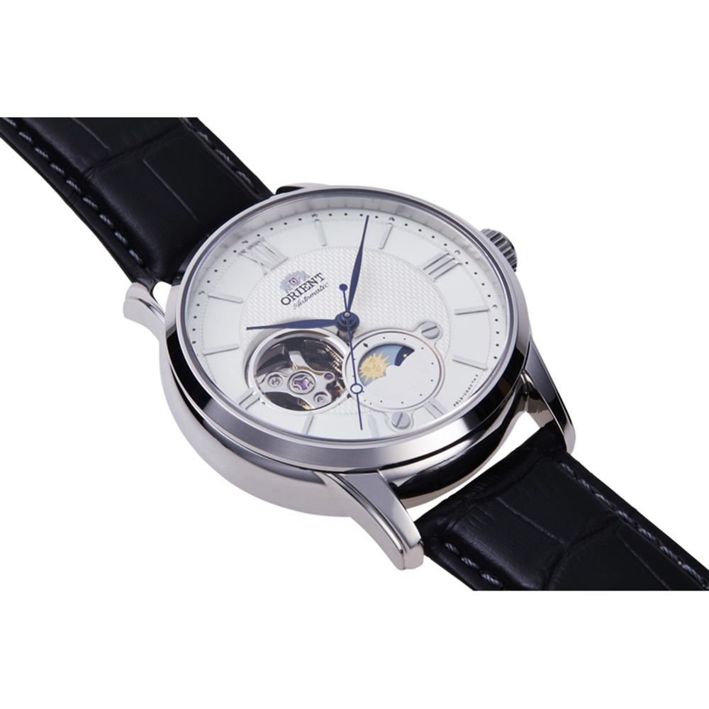 ORIENT 東方錶 Sun & Moon 系列 小鏤空日月相機械錶-銀x黑/42mm RA-AS0011S, , large