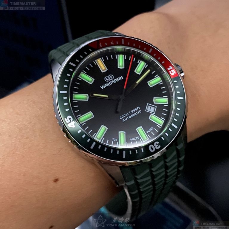 [星晴錶業]WAKMANN手錶,44mm,WA00007黑色錶面深綠色錶殼綠矽膠錶帶款, , large