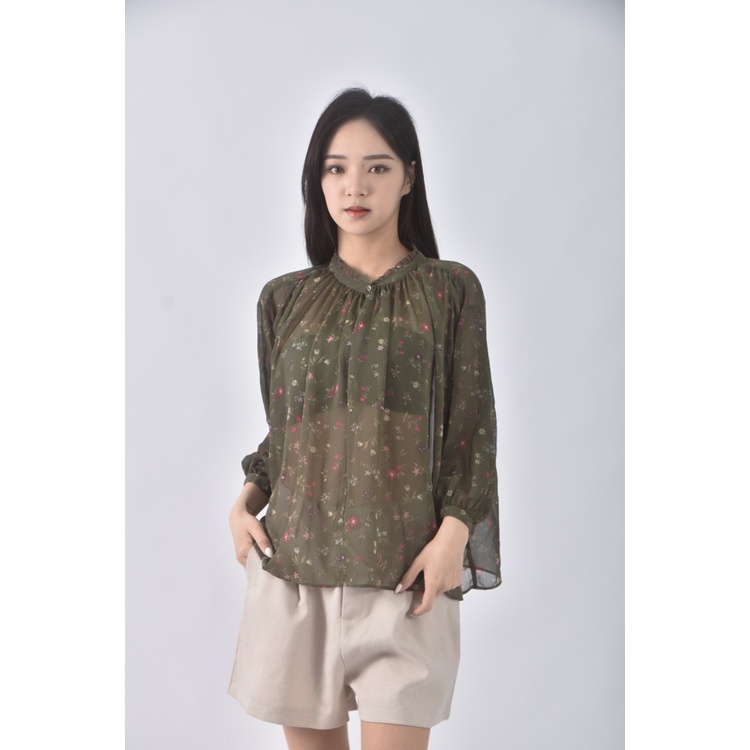(S) uniqlo碎花綠色長袖上衣二手衣, , large