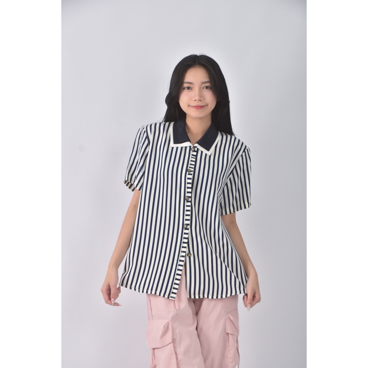 (L) wing ming質感跳色藍色短袖上衣二手衣, , large