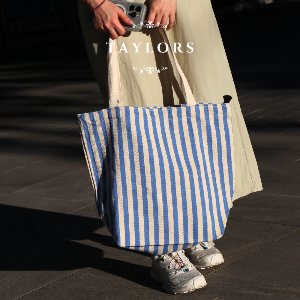 【TAYLORS】Korean style summer striped canvas tote bag, , large