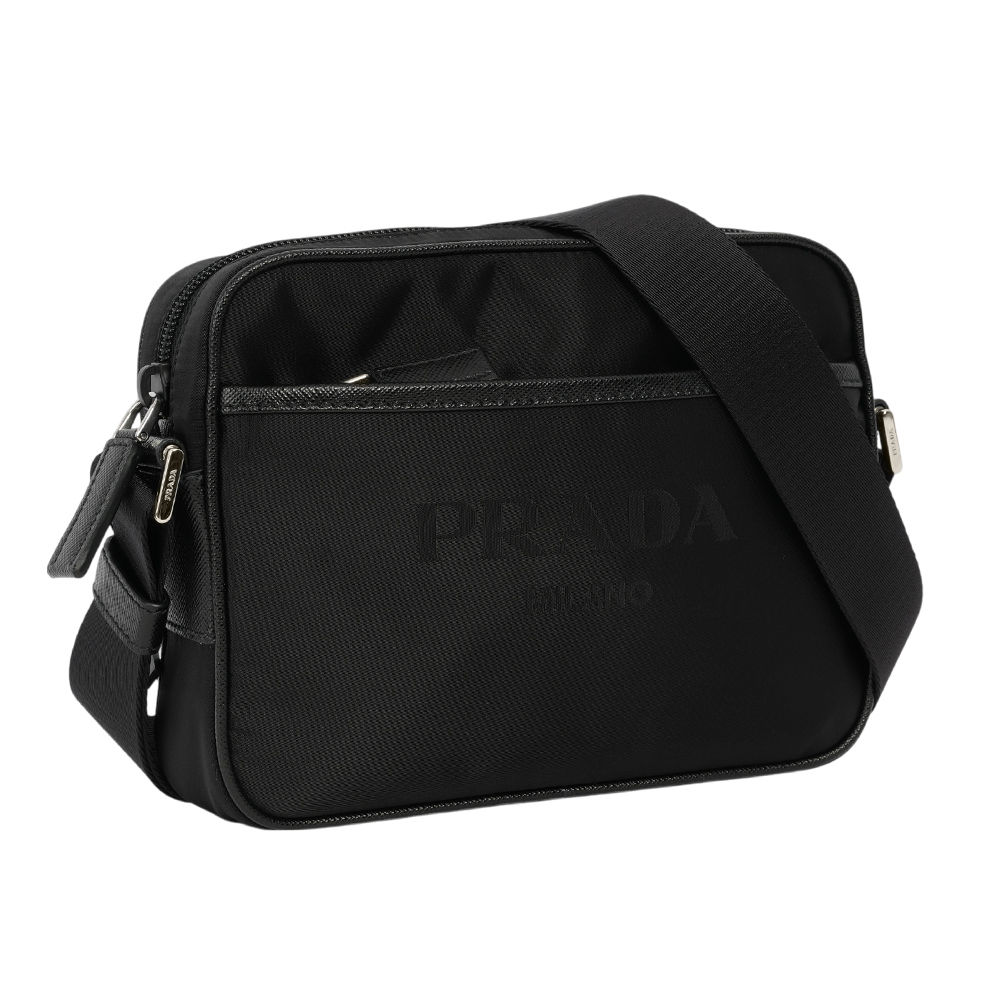 PRADA 刺繡及三角牌Logo 雙面可用尼龍拉鍊斜背包/黑色, , large
