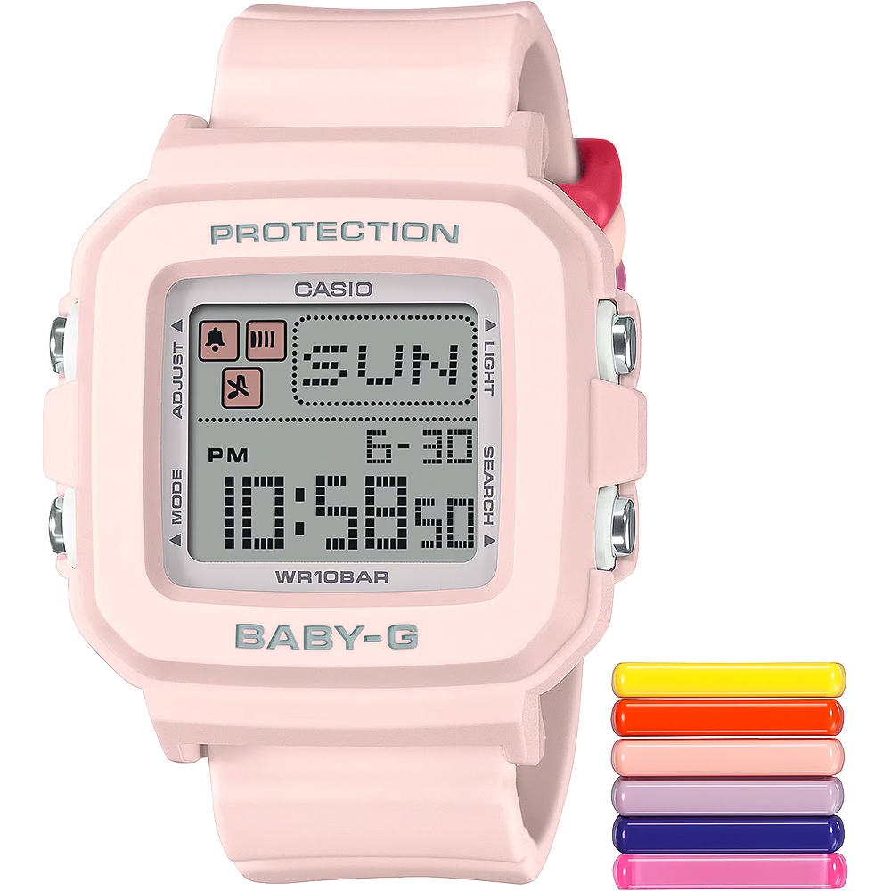 CASIO 卡西歐 BABY-G 隨附6個繽紛錶帶環 像素動畫手錶 BGD-10L-4