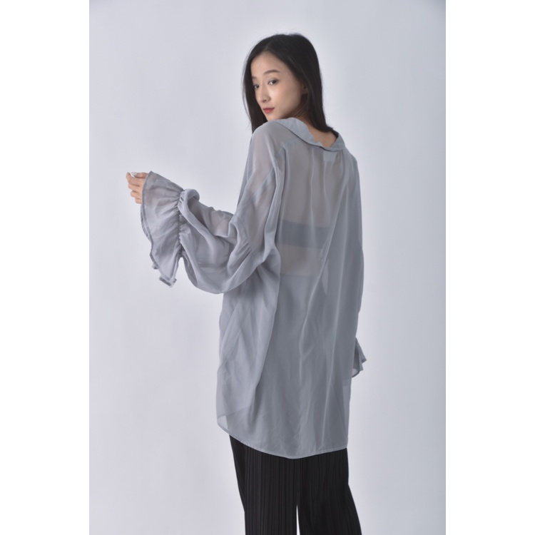 (2XL) lancylancy寬鬆透膚灰綠色襯衫上衣二手衣, , large
