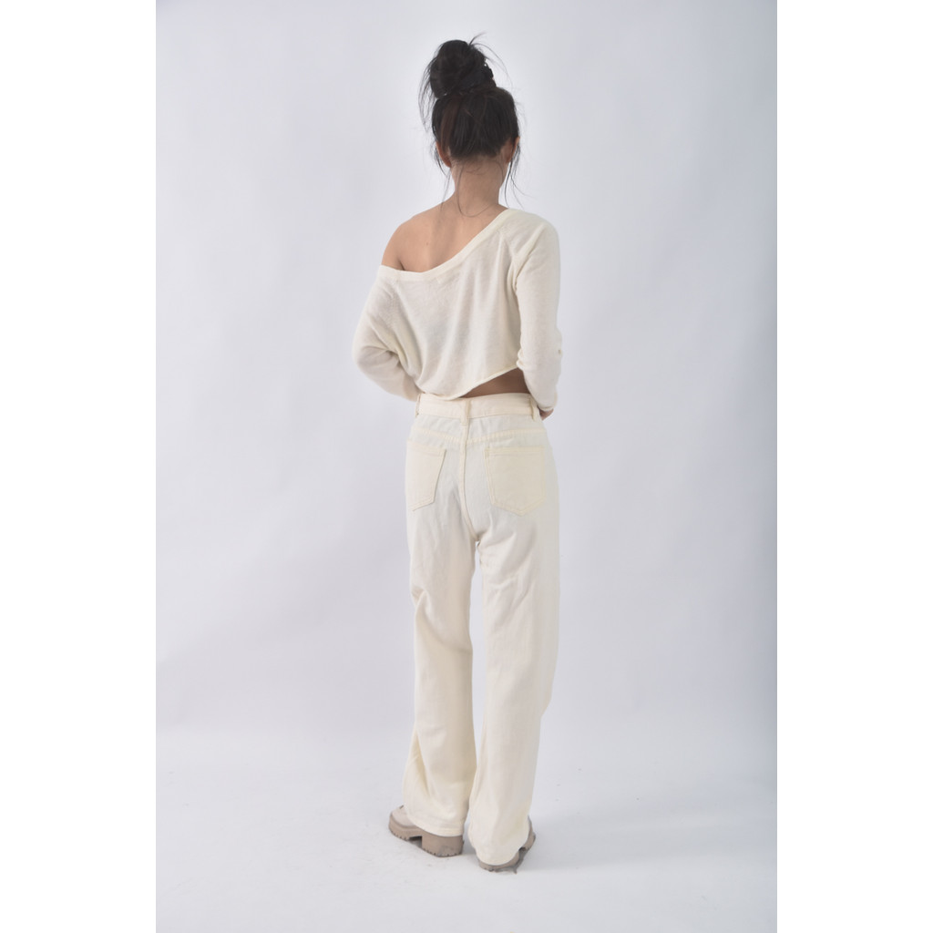 (M) 高腰直筒白色長褲二手衣, , large