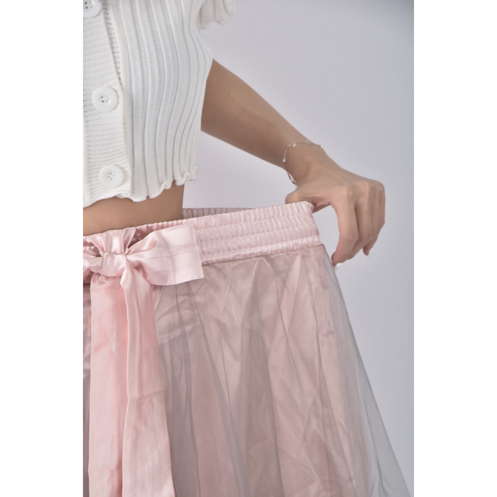 (S) 質感撞色芭蕾風粉色綁帶短裙二手衣, , large