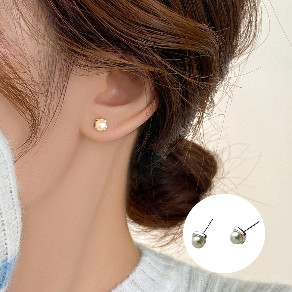 S999純銀韓系氣質淡水珍珠方形耳針款耳環附馬卡收納盒 - 金色, , large